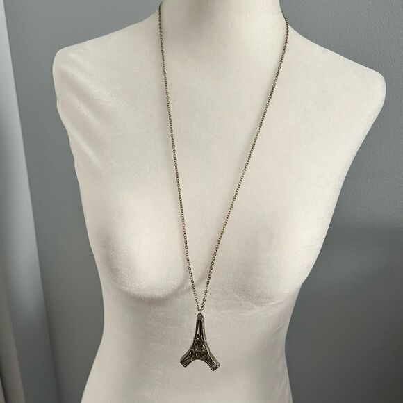 Silver tone Eiffel Tower Paris France French Inspired Pendant Long Necklace - Picture 1 of 5